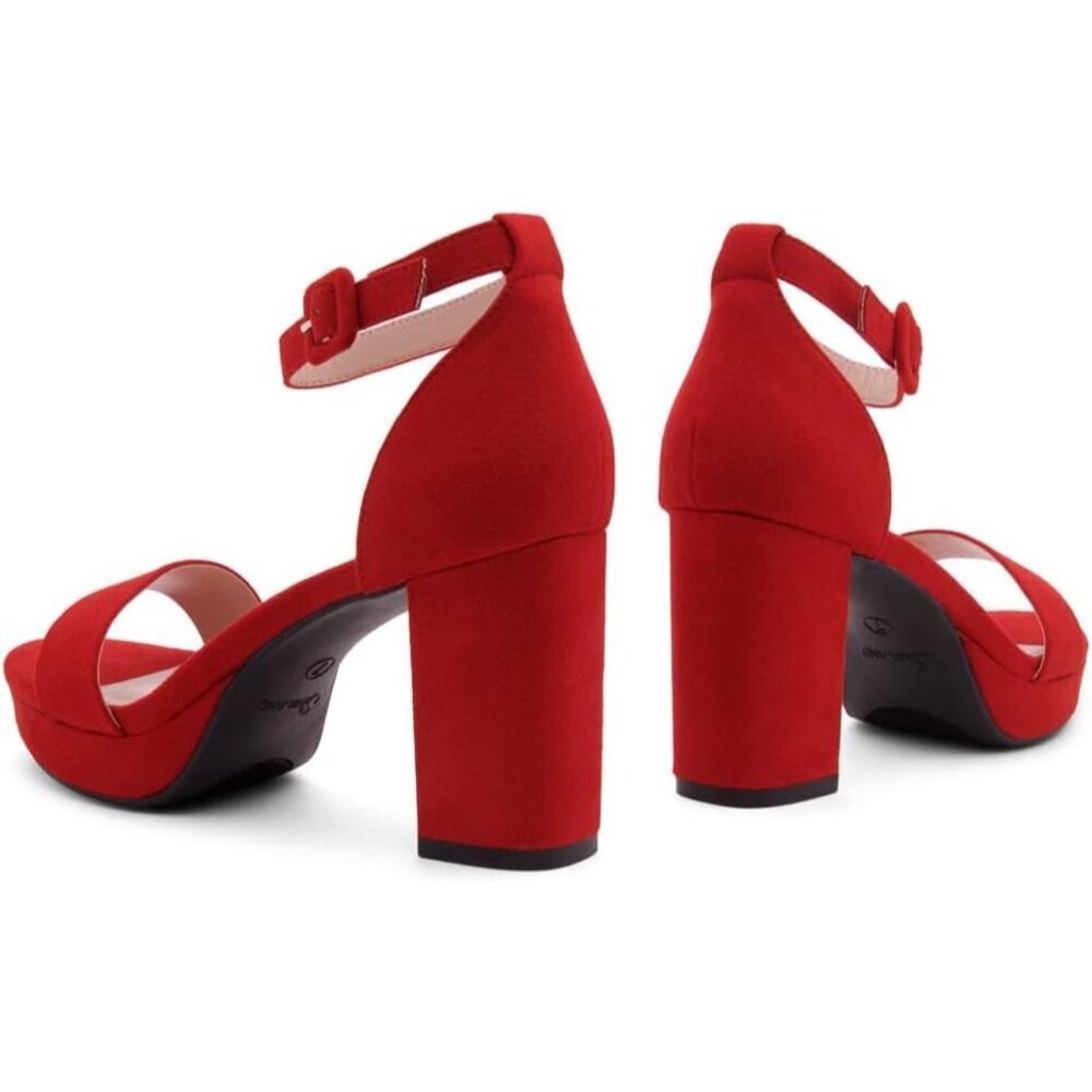 Women's Red Chunky Block Ankle Strap Stylish Comfortable Open Toe Strappy Heel - Picture 4 of 7